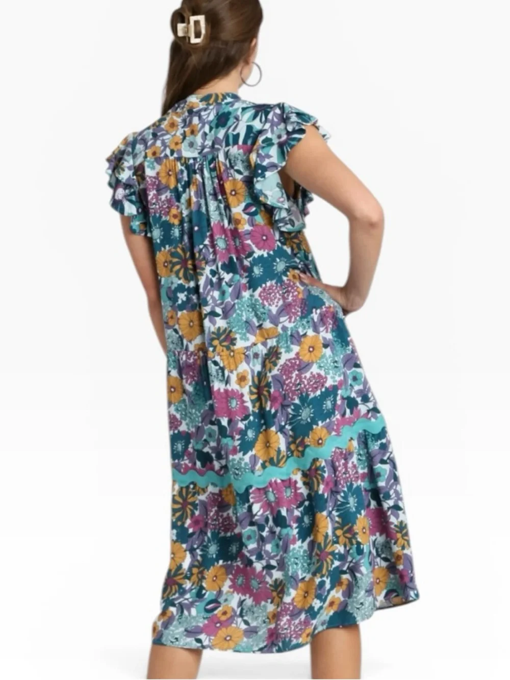 Umgee Floral Print Ric Rac Midi Dress Ruffle Ruffle Sleeve Size Small - Picture 2 of 13